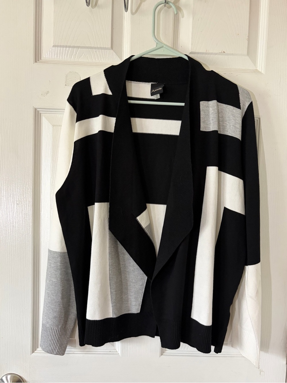 Aaeda Black, Cream & Gray Draped Long Sleeve Open-Front Striped Cardigan Sz XL